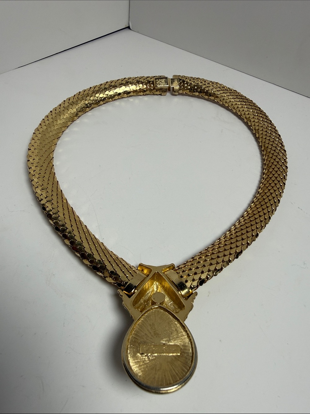 Whiting & Davis Gold Tone Mesh Necklace with Pearl Drop - Picture 5 of 6